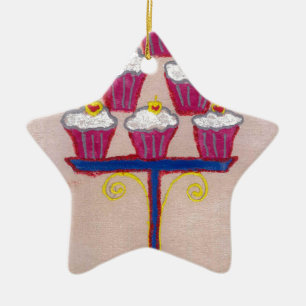 Cupcake Art Print with Cherry and Pink Background Ceramic Tree Decoration