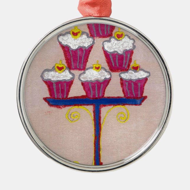Cupcake Art Print with Cherry and Pink Background Metal Tree Decoration (Front)