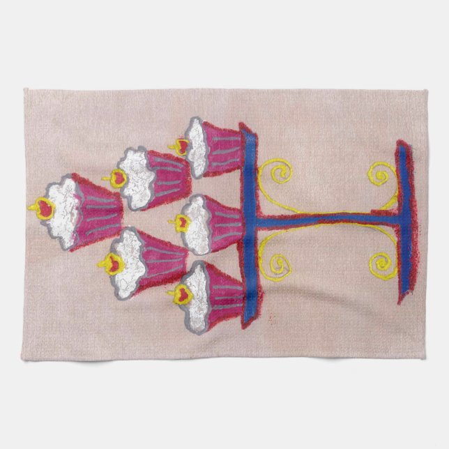 Cupcake Art Print with Cherry and Pink Background Tea Towel (Horizontal)