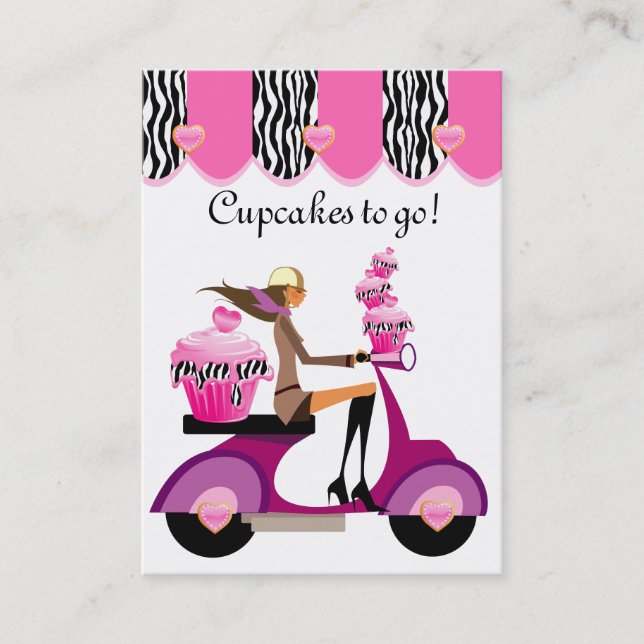 Cupcake Bakery Business Card Scooter Girl Zebra (Front)
