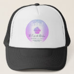 Cupcake Bakery Cafe Pastry Purple Glitter Drips Trucker Hat<br><div class="desc">Present your best self to your clients, whenever your sport this elegant, sophisticated, simple, and modern custom name trucker hat. A sparkly, purple pink blue ombre cupcake, script handwritten typography and glitter drips overlay a faux metallic purple blue ombre circle background. Personalise with your full business name, business, website, phone...</div>