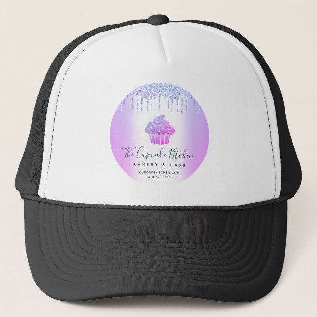 Cupcake Bakery Cafe Pastry Purple Glitter Drips Trucker Hat (Front)