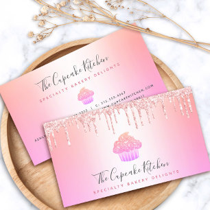 Cupcake Bakery Chef Pink Rose Glitter Drip Rainbow Business Card