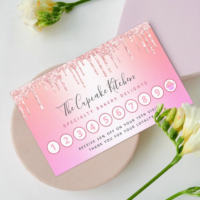 Cupcake Bakery Chef Rose Gold Glitter Pink Rainbow Loyalty Card (Creator Uploaded)