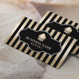Cupcake Bakery Classy Black & Gold Stripes Modern Business Card