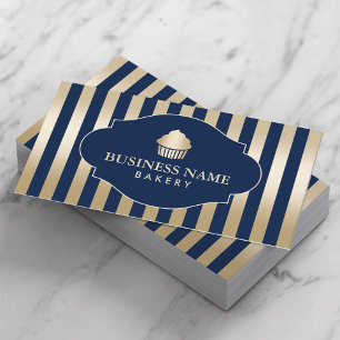 Cupcake Bakery Classy Navy & Gold Stripes Modern Business Card