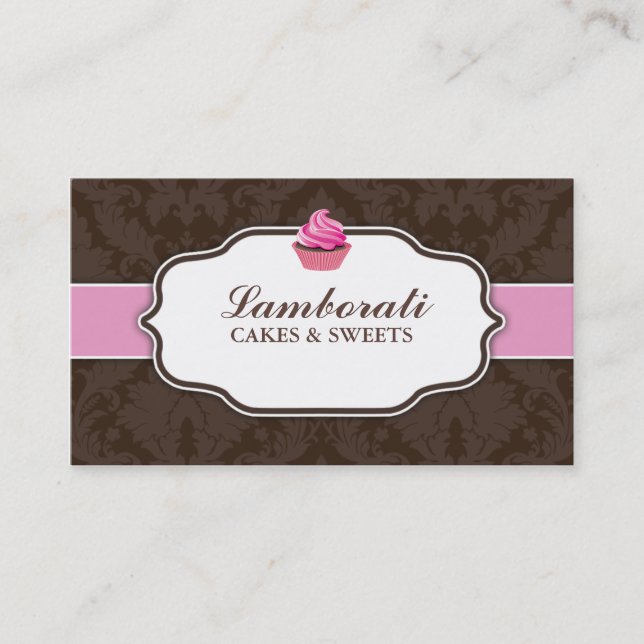 Cupcake Bakery Elegant Damask Floral Pattern Business Card (Front)