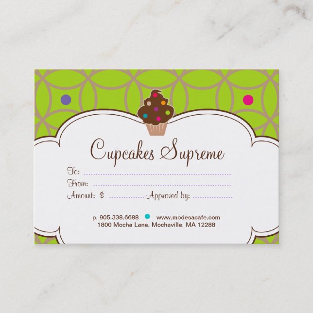Cupcake Bakery Gift Certificate Dots Pink Lime (Front)