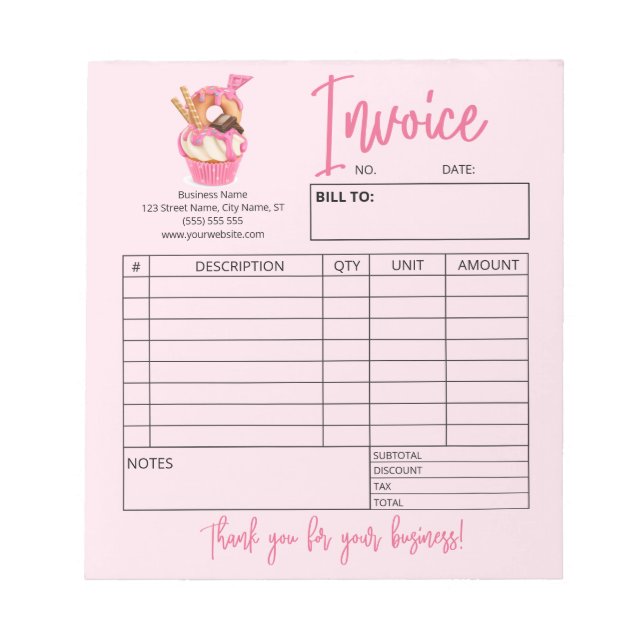 Cupcake Bakery Logo Order Form Invoice Notepad (Front)