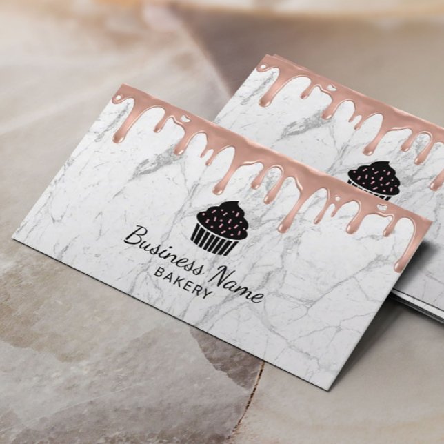 Cupcake Bakery Modern Rose Gold Drip White Marble Business Card (Creator Uploaded)