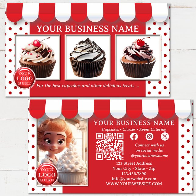 Cupcake Bakery or Ice Cream Parlour Business Card (Bakery or ice cream business card featuring your custom images on a fun design in red and white)