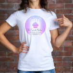Cupcake Bakery Pastry Cafe Purple Glitter Drips T-Shirt<br><div class="desc">Present your best self to your clients, whenever your wear this elegant, sophisticated, simple, and modern custom name t-shirt. A sparkly, purple pink blue ombre cupcake, script handwritten typography and glitter drips overlay a faux metallic purple blue ombre circle background. Personalise with your full business name, business, website, phone number,...</div>