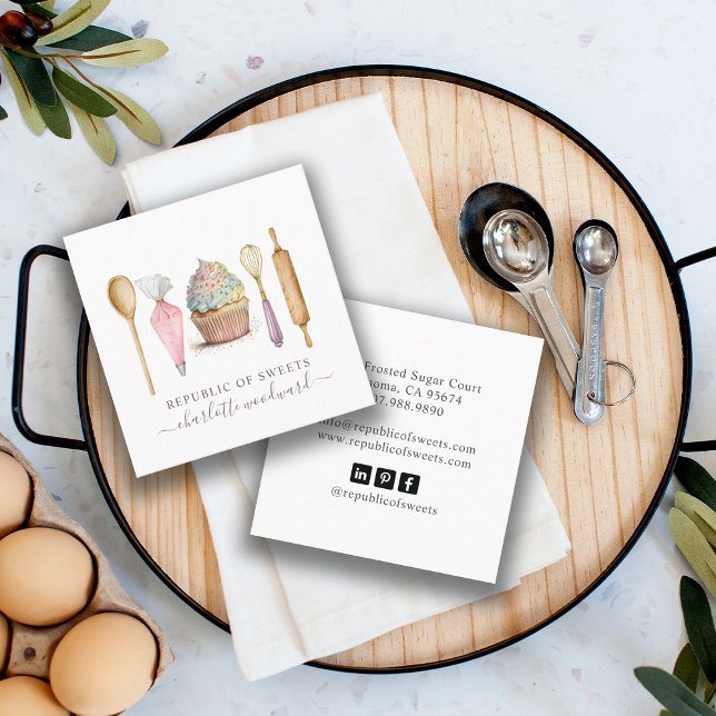 Cupcake Bakery Pastry Chef Baker's Utensils Square Business Card (Creator Uploaded)