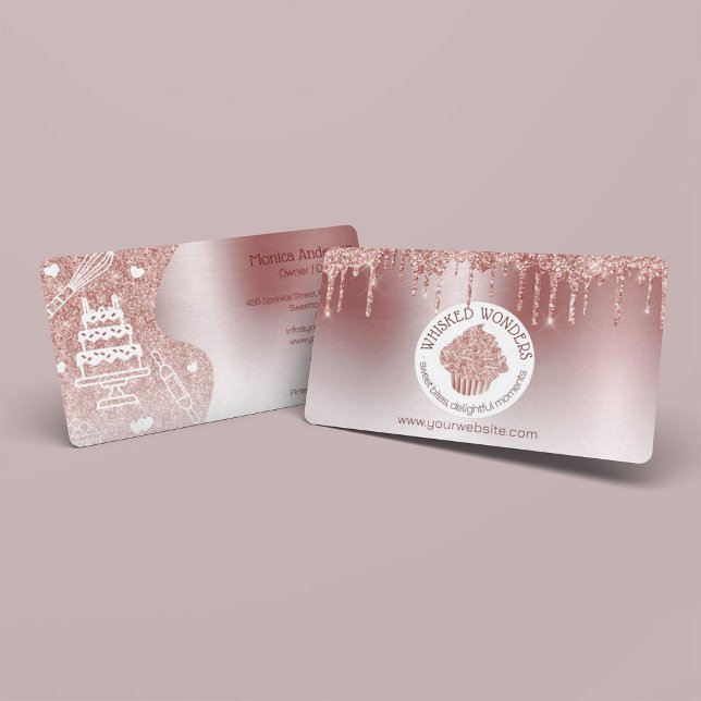 Cupcake Bakery Pastry Chef Glitter Drips Rose Gold Business Card (Pastry Cake Bakery Glitter Rose Gold Pink Drips Business Card)