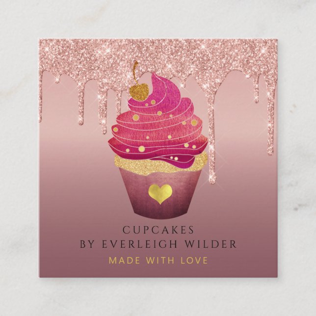 Cupcake Bakery Pastry Chef Glitter Drips Rose Gold Square Business Card (Front)