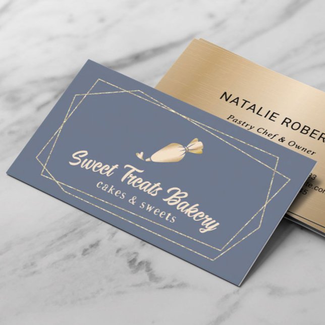 Cupcake Bakery Pastry Chef Gold Cake Dusty Blue Business Card (Creator Uploaded)