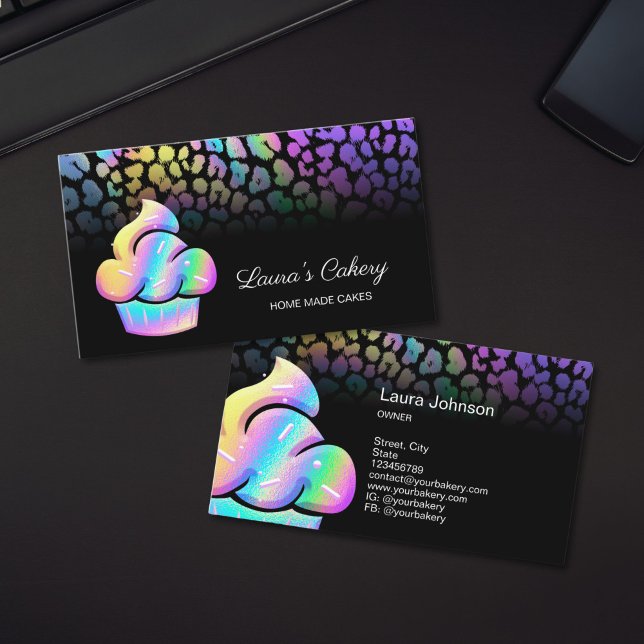 Cupcake Bakery Pastry Chef Holographic Leopard Business Card (holographic leopard cupcake business cards)