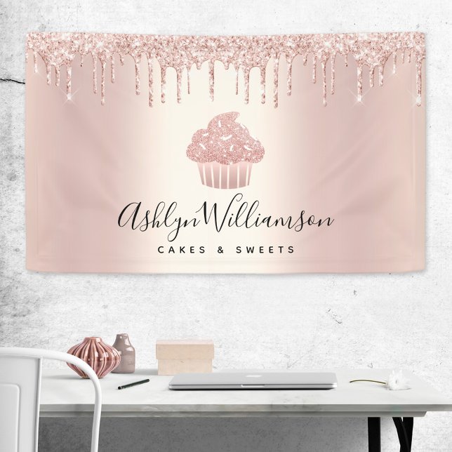 Cupcake Bakery Pastry Chef Rose Gold Glitter Drips Banner (Creator Uploaded)