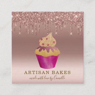 Cupcake Bakery Pastry Chef Rose Gold Glitter Drips Square Business Card