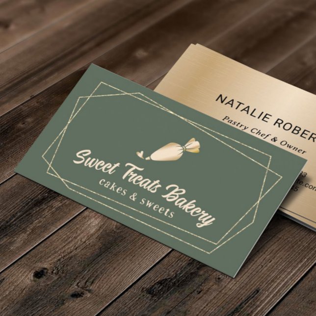 Cupcake Bakery Pastry Chef Sage Green Gold Cake Business Card (Creator Uploaded)