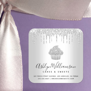 Cupcake Bakery Pastry Chef Silver Glitter Drips Square Sticker