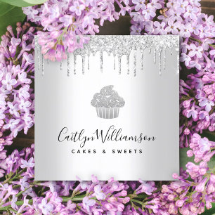 Cupcake Bakery Pastry Chef Sliver Glitter Drips Square Business Card