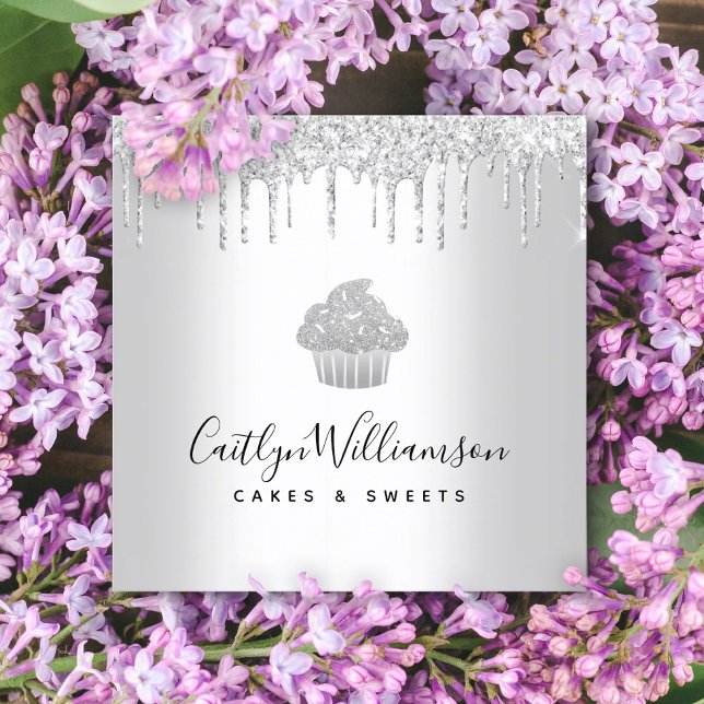 Cupcake Bakery Pastry Chef Sliver Glitter Drips Square Business Card (Creator Uploaded)