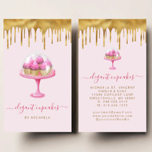 Cupcake Bakery Pink Faux Gold Foil Drip Business Card
