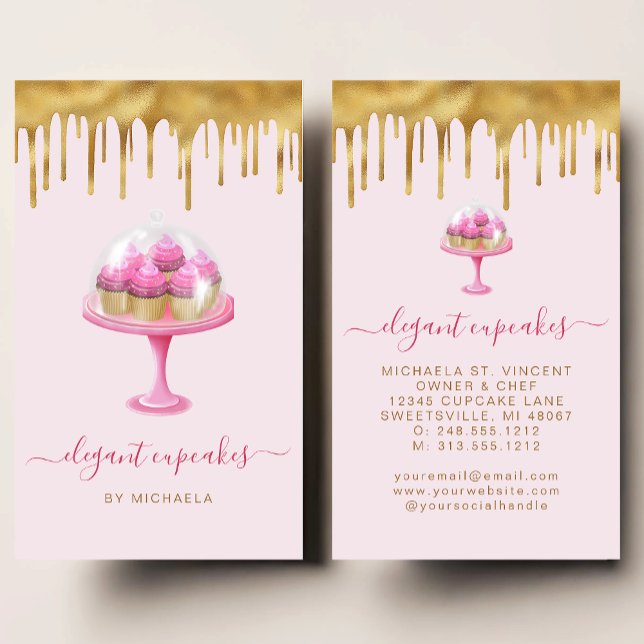 Cupcake Bakery Pink Faux Gold Foil Drip Business Card (Creator Uploaded)