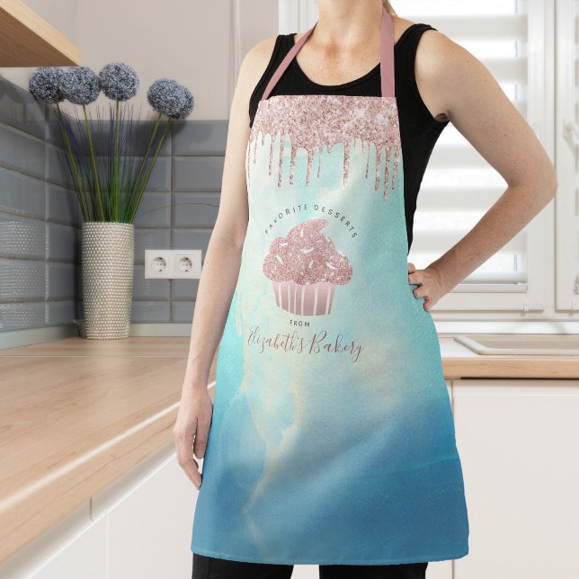 Cupcake Bakery Rose Gold Drips Blue Watercolor  Apron (Creator Uploaded)