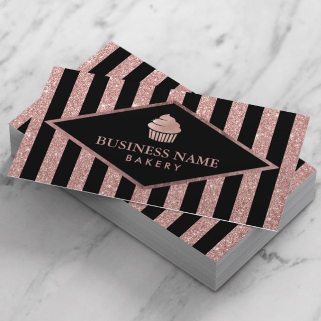 Cupcake Bakery Rose Gold Glitter Black Stripes Business Card (Creator Uploaded)