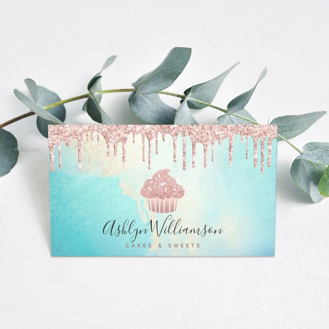 Cupcake Bakery Rose Gold Glitter Drips Watercolor Business Card (Creator Uploaded)