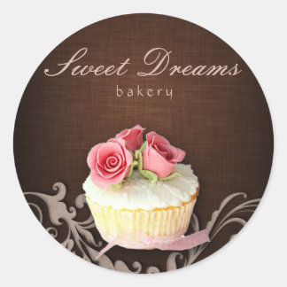 Cupcake Bakery Sticker Linen Brown Pink Roses