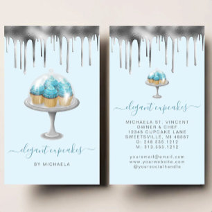 Cupcake Bakery Teal Faux Silver Foil Drip Business Card