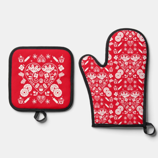 Cupcake Baking Folk Art Oven Mitt & Pot Holder Set (Front)