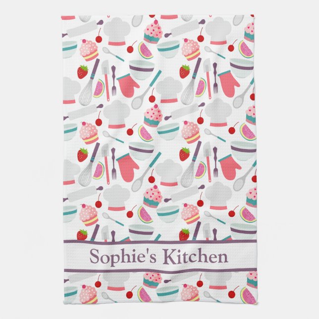 Cupcake Baking pattern Purple Tea Towel (Vertical)