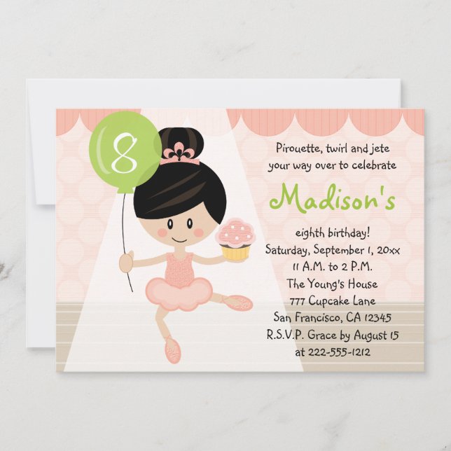 Cupcake Ballerina Birthday Asian Dark Hair Invitation (Front)