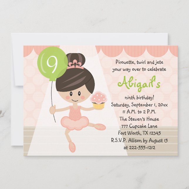 Cupcake Ballerina Birthday Brunette Invitation (Front)