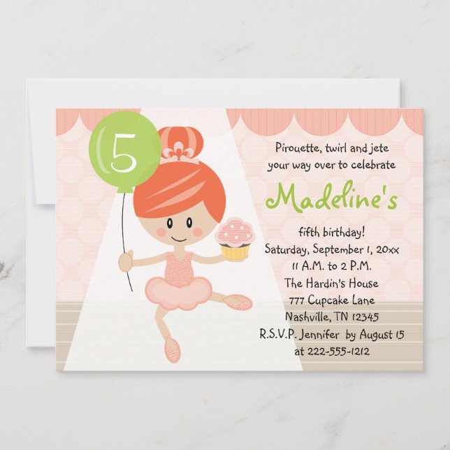 Cupcake Ballerina Birthday Invitation Redhead (Front)