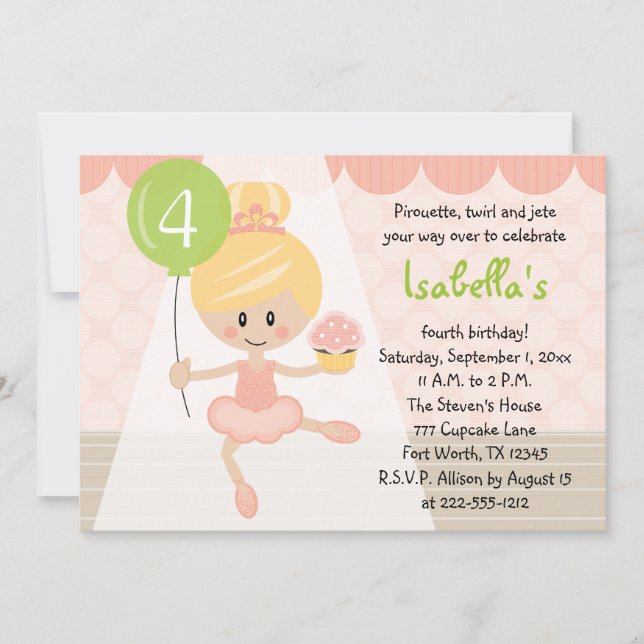 Cupcake Ballerina Birthday Invitations Blonde (Front)