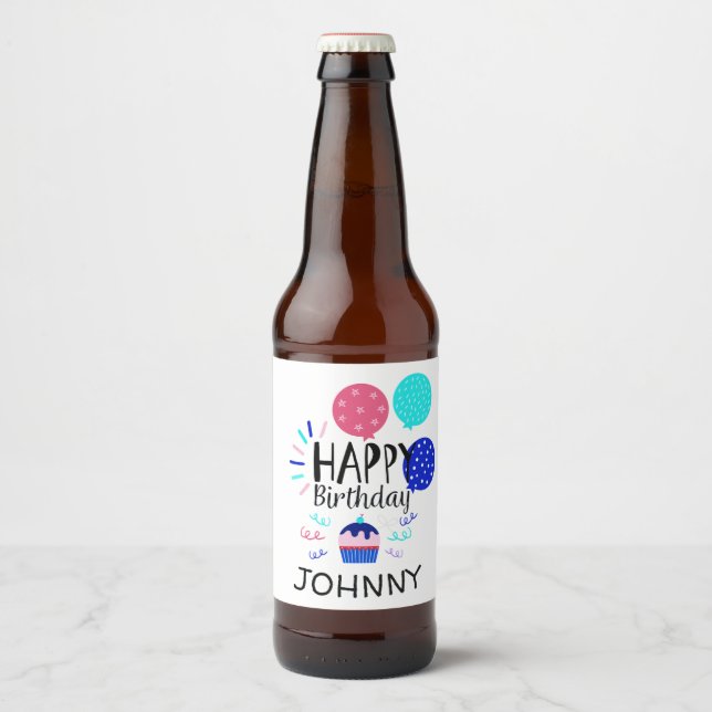 Cupcake & Balloons Happy Birthday Text  - Beer Bottle Label (Front)