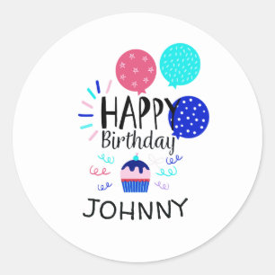 Cupcake & Balloons Happy Birthday Text  - Classic Round Sticker