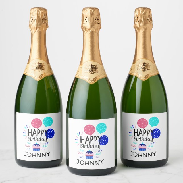 Cupcake & Balloons Happy Birthday Text  - Sparkling Wine Label (Bottles)