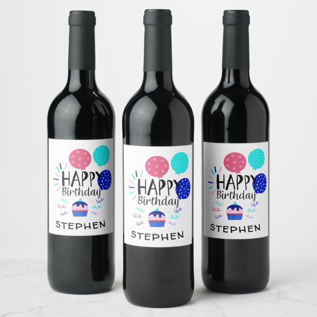 Cupcake & Balloons Happy Birthday Text  - Wine Label (Bottles)
