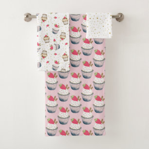 Cupcake Bath Towel Set – Pink Polka Dot Dessert Th