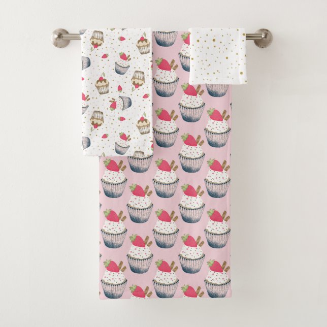 Cupcake Bath Towel Set – Pink Polka Dot Dessert Th (Insitu)