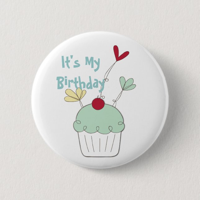 Cupcake birthday badge with cherry and flowers (Front)