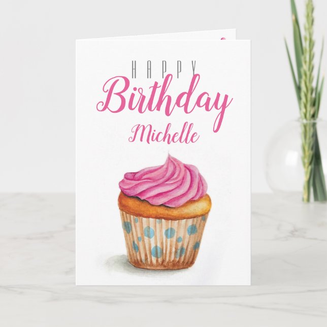 Cupcake Birthday Card with personalised name (Front)