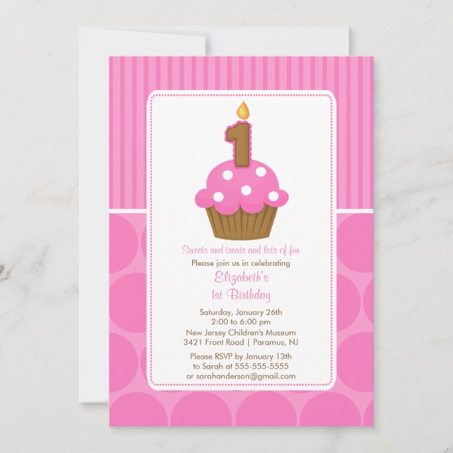 Cupcake Birthday Invitation 1st Birthday Pink (Front)