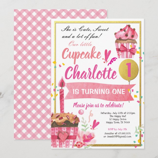 Cupcake birthday party pink and gold girl invitation (Front/Back)